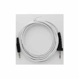 A coiled white cable features two black jack connectors for electronic device connections.