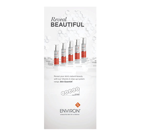 The Environ Skin EssentiA Vitamin A step-up system showcases five serum bottles on a white hexagonal background to promote natural skin beauty.