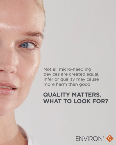 Environ brand micro-needling device advertisement featuring a woman’s face with text emphasizing quality.
