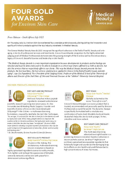 The image displays a press release from environ skin care, announcing their four gold awards for medical beauty 2023.
