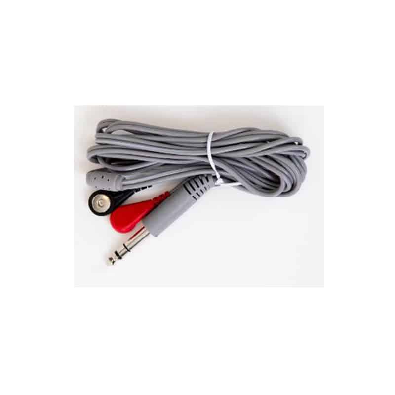 A bundled gray medical electrode lead wire features a silver 1/4-inch jack plug and color-coded red and black snap connectors.