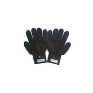 A pair of black anti-vibration work gloves features textured, padded palms and wrist labels for enhanced hand protection and grip.