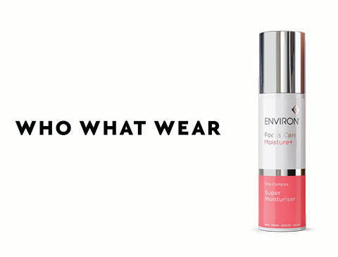 A sleek silver and coral pink cylindrical bottle of environ focus care super moisturiser with a metallic cap.