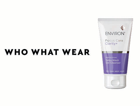 A sleek white and purple tube of environ focus care clarity sebu-wash gel cleanser with a silver cap.