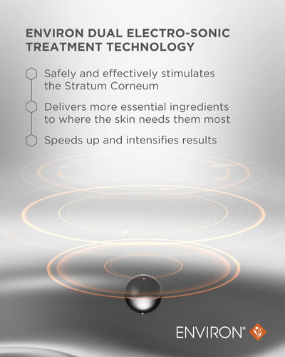 Environ dual electro-sonic treatment technology device with sleek, modern design featuring concentric orange-gold rings and a reflective black sphere at the center.
