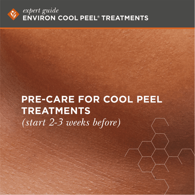 Environ cool peel treatments expert guide featuring a close-up of smooth, warm-toned skin with text overlay for pre-care instructions.