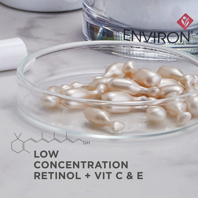 Pearl-like, translucent serum capsules nestled in a clear glass dish.