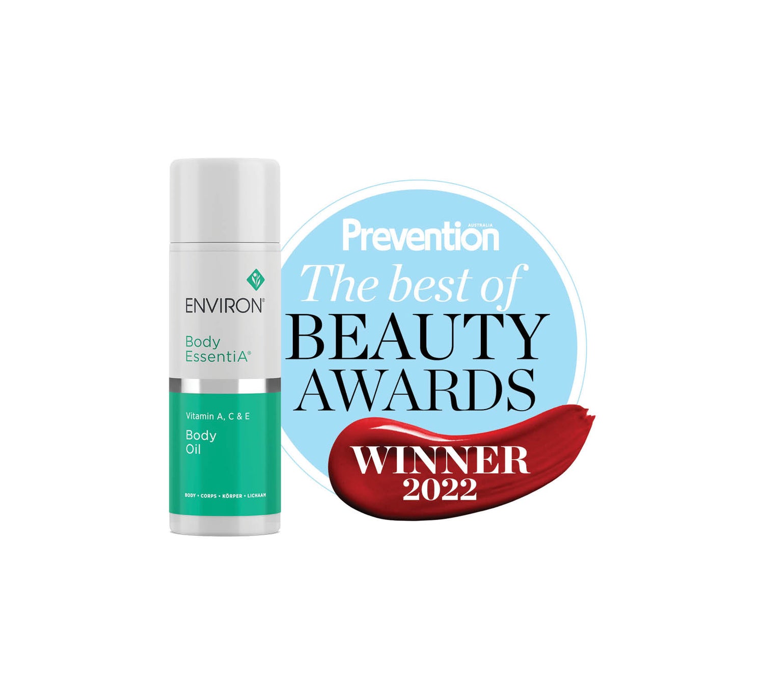 White and teal environ body essentia+ body oil bottle with silver band.