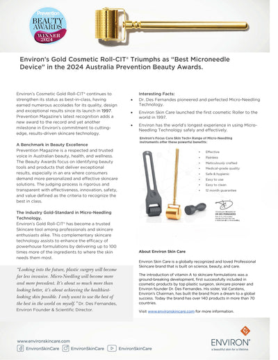 Gold-colored environ’s gold cosmetic roll-cit microneedle device with a sleek, cylindrical design and a textured grip.