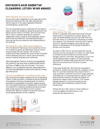 White cylindrical bottle with silver cap and label featuring black text, part of environ skin care’s skin essential® cleansing lotion product line