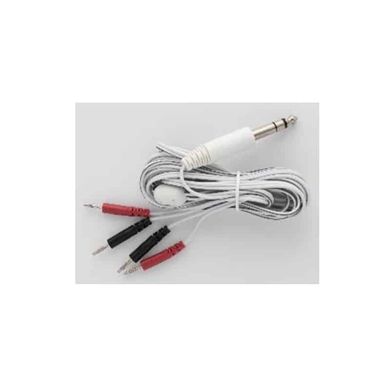 A coiled white medical lead wire cable connects a 1/4-inch jack plug to four red and black 2mm pin connectors for TENS or EMS devices.