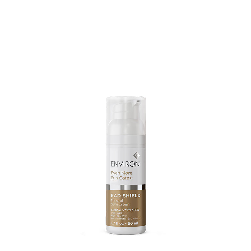 A bottle of Environ RAD SHIELD Mineral Sunscreen with Broad Spectrum SPF 30 protection stands against a plain white background.