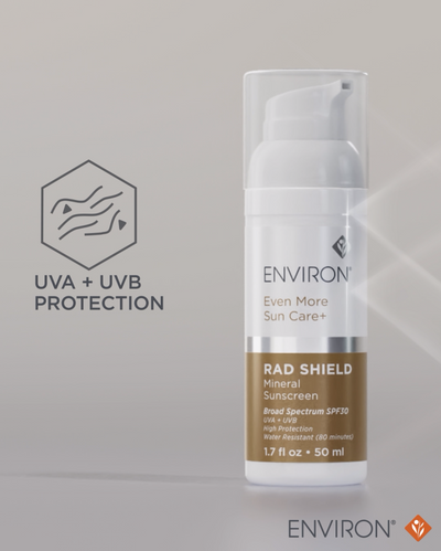 White and brown pump bottle of environ even more sun care+ rad shield mineral sunscreen with spf 30