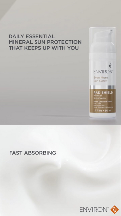 White and brown mineral sunscreen bottle with pump dispenser, labeled ’environ rad shield’