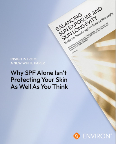 White paper with black text titled ’balancing sun exposure and skin longevity’ by environ.