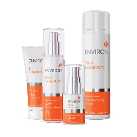 The environ skin essentia+ moisturizing cream in a sleek white and orange cylindrical bottle with a silver pump.
