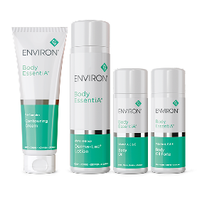 The image displays a set of four environ body essentials skincare products, featuring sleek white and teal packaging with minimalist design.