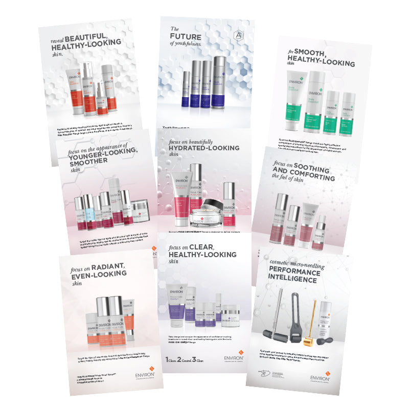 Eight promotional flyers showcase various Environ Skin Care product ranges for healthy, youthful-looking skin alongside professional cosmetic microneedling tools.
