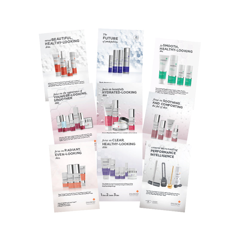 A collection of Environ skincare brochures displays various product ranges designed to promote healthy, radiant, and youthful-looking skin.