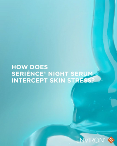 A translucent blue liquid serum in a glass dropper bottle, branded as environ seriènse night serum.