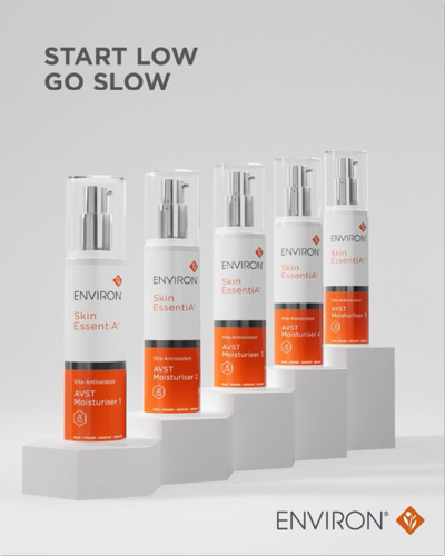 White and orange avst moisturiser 1 bottles with silver pump dispensers, branded environ.