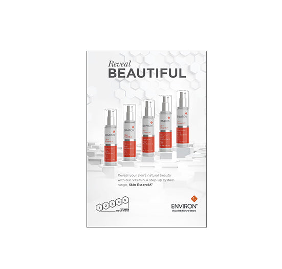 Five Environ Skin EssentiA Vitamin A moisturizers stand on tiered white hexagonal platforms to illustrate the brand's progressive step-up skincare system.