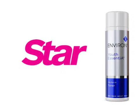 Silver and blue cylindrical spray can labeled ’environ youth essential toner’ with a white cap.
