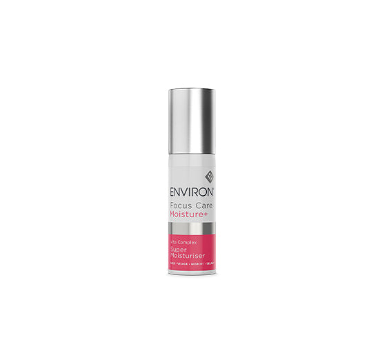 A sleek white bottle of Environ Focus Care Moisture+ Vita-Complex Super Moisturiser with a silver cap provides intensive skin hydration.