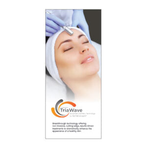 A professional aesthetician performs a non-invasive TriaWave facial treatment on a woman's forehead using advanced cosmetic technology.