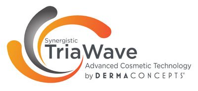 Synergistic triawave logo featuring a stylized wave design in orange and gray, associated with advanced cosmetic technology by dermaconcepts.