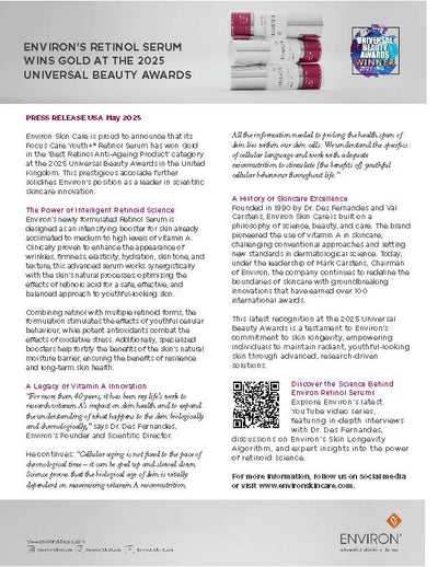 The image displays three bottles of environ’s focus care youth+ retinol serum, each with a white body and purple cap.