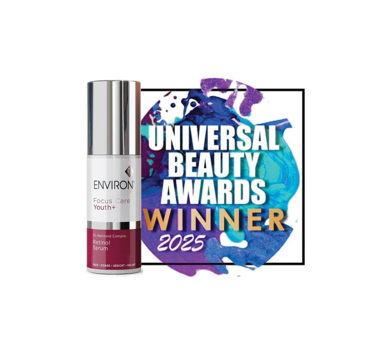 Silver and maroon environ focus care youth+ retinol serum bottle with a sleek metallic cap.