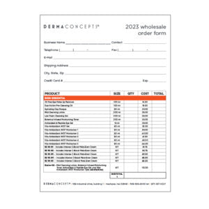A DermaConcepti 2023 wholesale order form displays contact information fields and a detailed price list for skin essentia products.