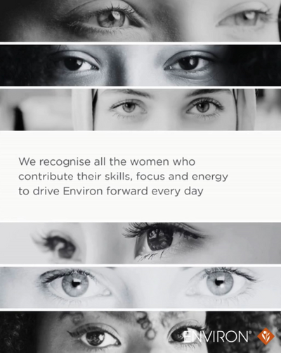 Black-and-white collage of diverse women’s eyes with the environ logo at the bottom.