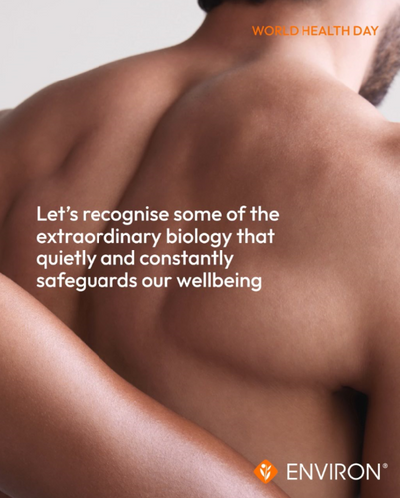 The image features a close-up of human skin, showcasing its natural texture and tone with visible muscle definition.