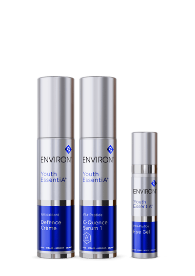 Three silver-topped, blue-labeled environ youth essentia skincare products in varying sizes.