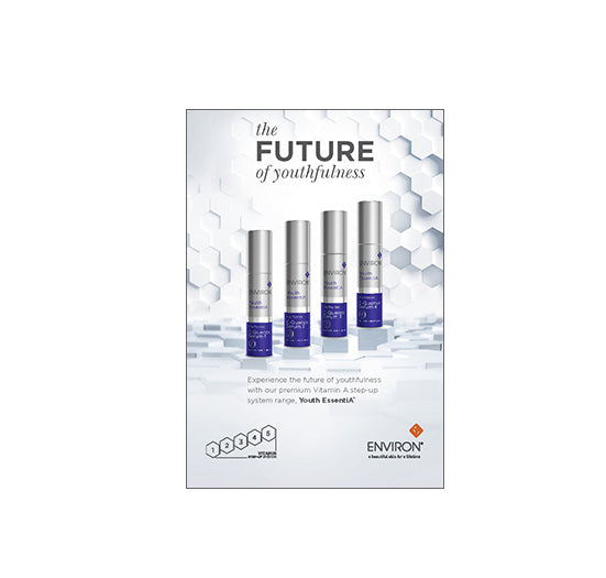 Four levels of Environ Youth EssentiA C-Quence Serums stand in a row, showcasing the brand's premium Vitamin A step-up skincare system.