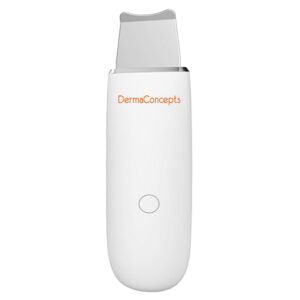 A sleek white DermaConcepts ultrasonic skin scrubber features a curved metal spatula tip for professional-grade facial exfoliation.