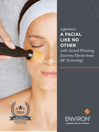 Black handheld facial device with metallic tip, branded as environ electro-sonic df technology.