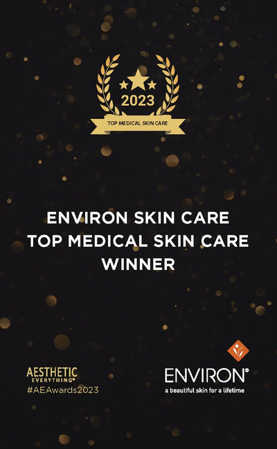 Gold laurel wreath emblem with three stars and ’2023 top medical skin care’ banner.