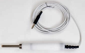 A white medical temperature probe features a stainless steel sensor tip and a long coiled white cable with a black connector plug.