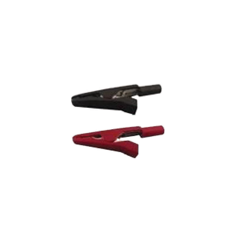A pair of black and red insulated alligator clips for electrical testing sits against a white background.
