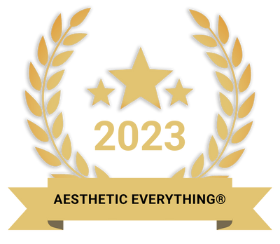 Gold laurel wreath emblem featuring three stars and the year 2023, with a ribbon banner reading ’aesthetic everything®’.