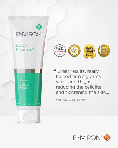 White and teal tube of environ body essentia tri-complex contouring cream.