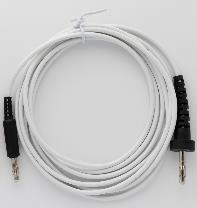 A coiled white medical sensor cable features black connector ends for reliable electrical signal transmission and testing.