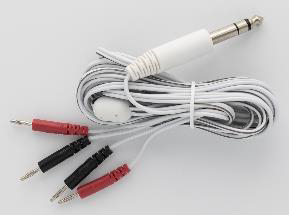 A white medical lead wire features a large 1/4-inch TRS jack and four color-coded red and black pin-style electrode connectors.