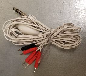 A coiled bundle of white medical lead wires features a silver 1/4-inch jack and five red and black pin connectors.