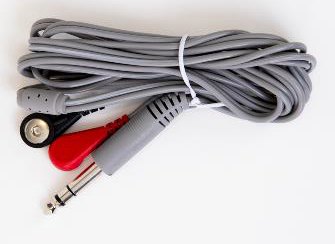 A coiled grey medical lead wire features a 1/4-inch TRS jack plug and red and black electrode snap connectors.