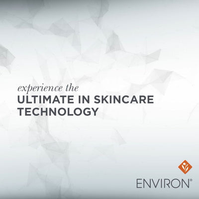 The image features a minimalist promotional graphic with the text ’experience the ultimate in skincare technology’ and the environ brand logo in the corner.