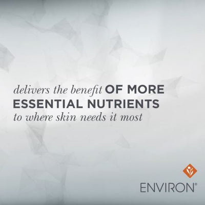 The image features a minimalist, modern design with the text ’delivers the benefit of more essential nutrients to where skin needs it most’ in dark gray serif font against a soft, textured light gray background.